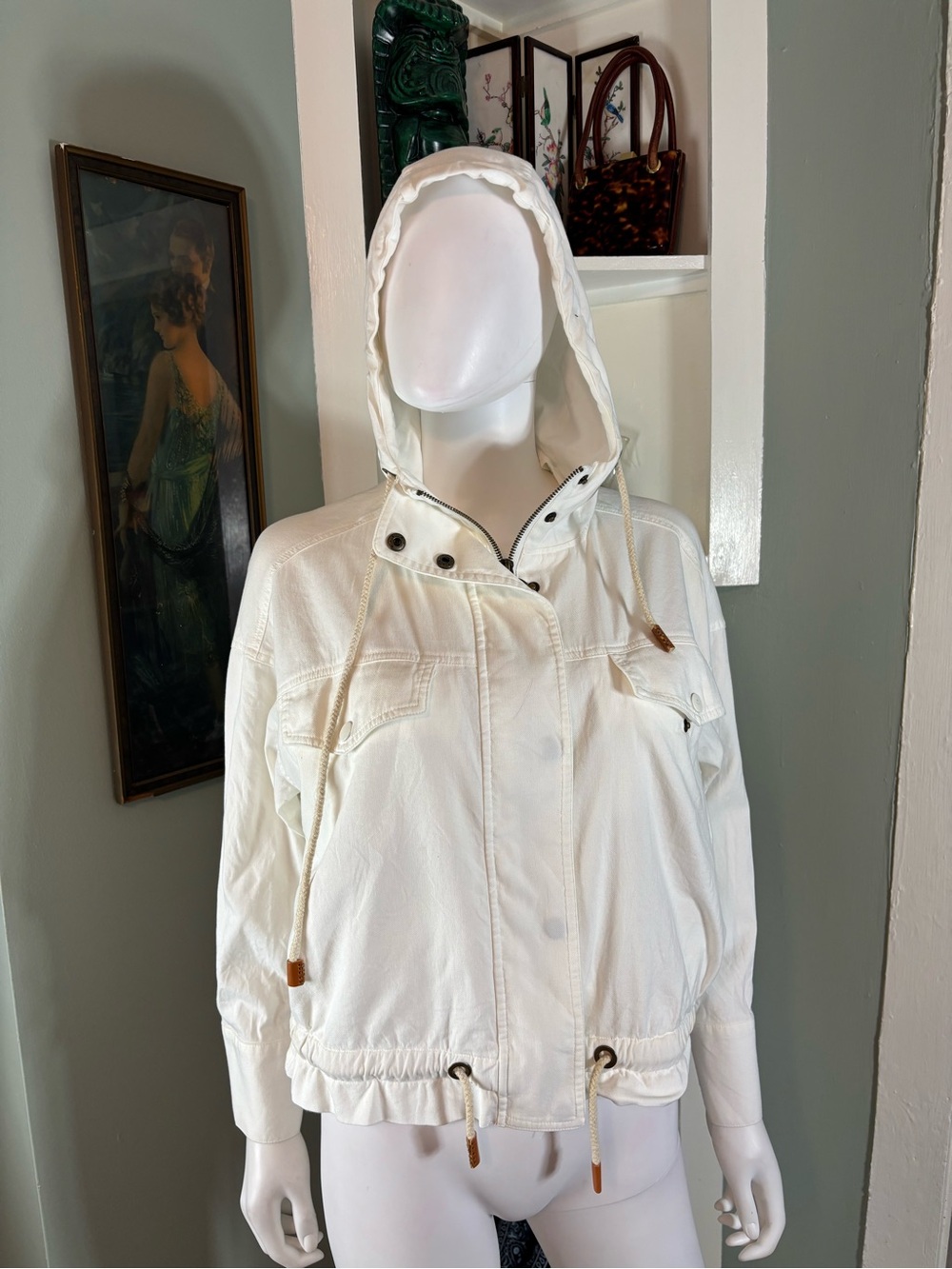 Yerse Anthropologie White Hooded Utility Lightweight Drawstring Jacket Small S